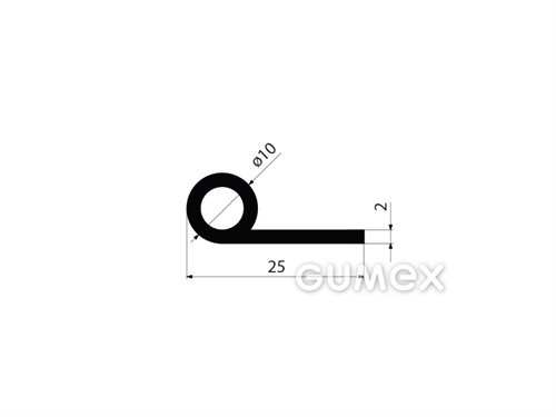 Gumový profil tvaru "P" s dutinkou, 25x10/2mm, 70°ShA, EPDM, -40°C/+100°C, čierny